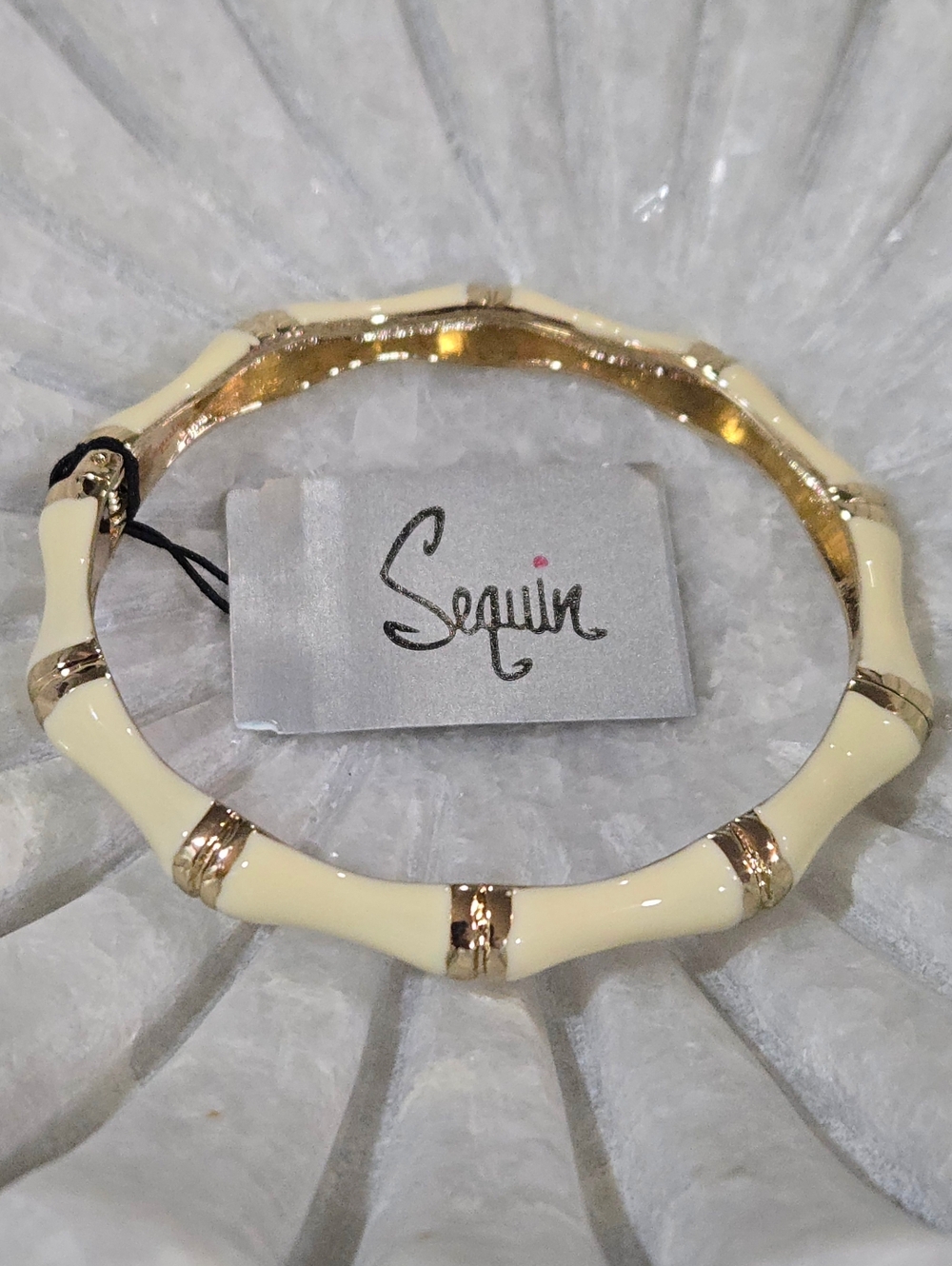 Nordstrom Sequin NYC Cream Enamel Gold Bamboo Hinged Bangle Bracelet NWT - Picture 2 of 6